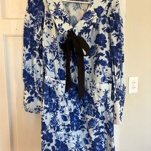 Tuckernuck Blue and White Floral Dress with Black Accent